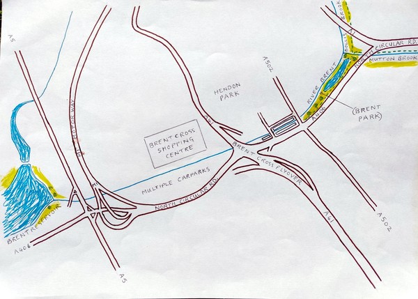 hand-drawn map of the River Brent near Brent Cross shopping centre