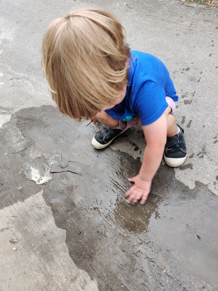 Damon examining a puddle.